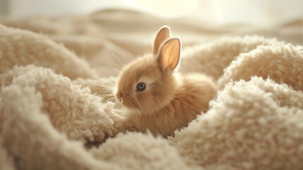 A tiny baby bunny sitting against a soft blanket in a cozy burrow - obrazy, fototapety, plakaty