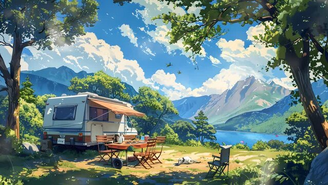 Captivating painting portraying a camper amidst the grandeur of mountain scenery. Seamless Looping 4k Video Animation