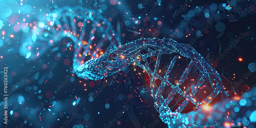 Poster background of dna connecting in virtual interface on future, science and innovation, digital technol