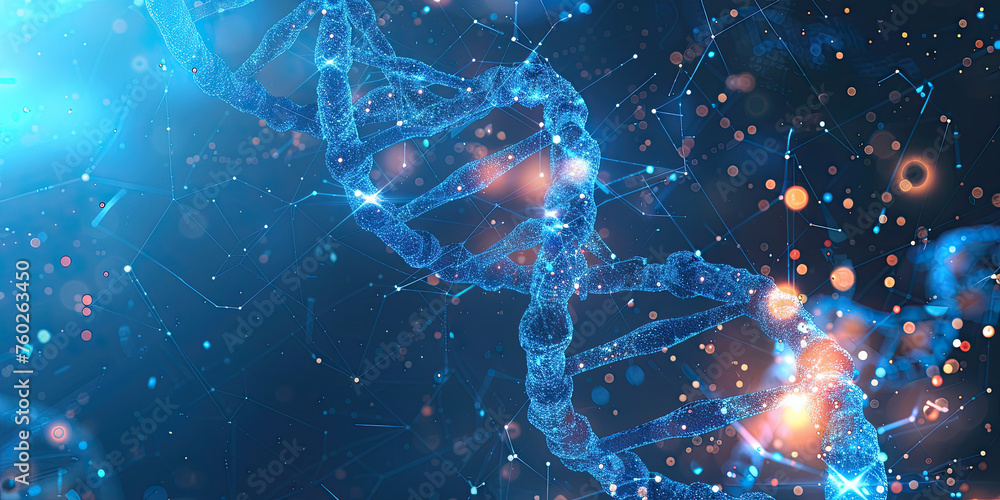 Poster background of dna connecting in virtual interface on future, science and innovation, digital technol