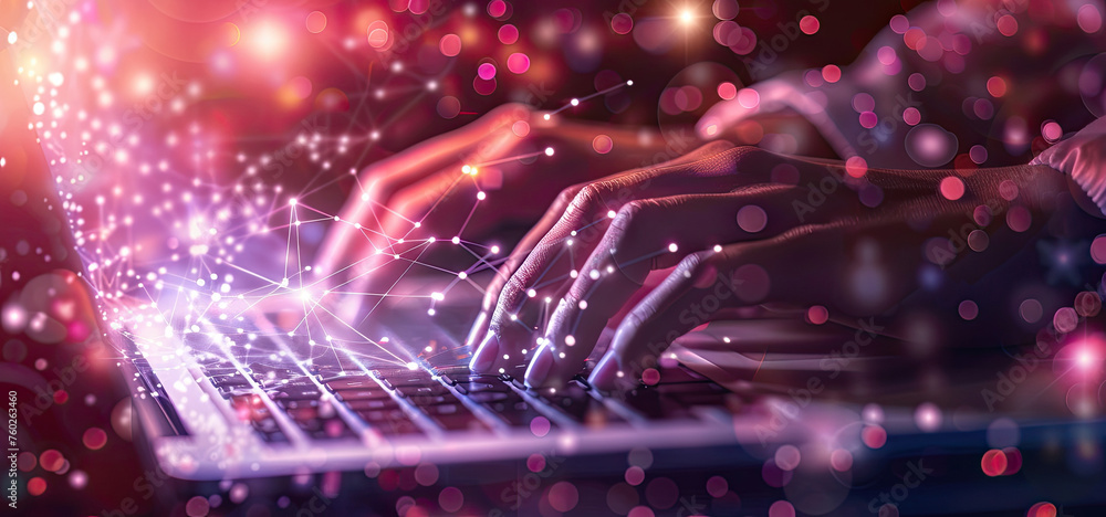Poster closeup of hands typing on a keyboard with digital technology