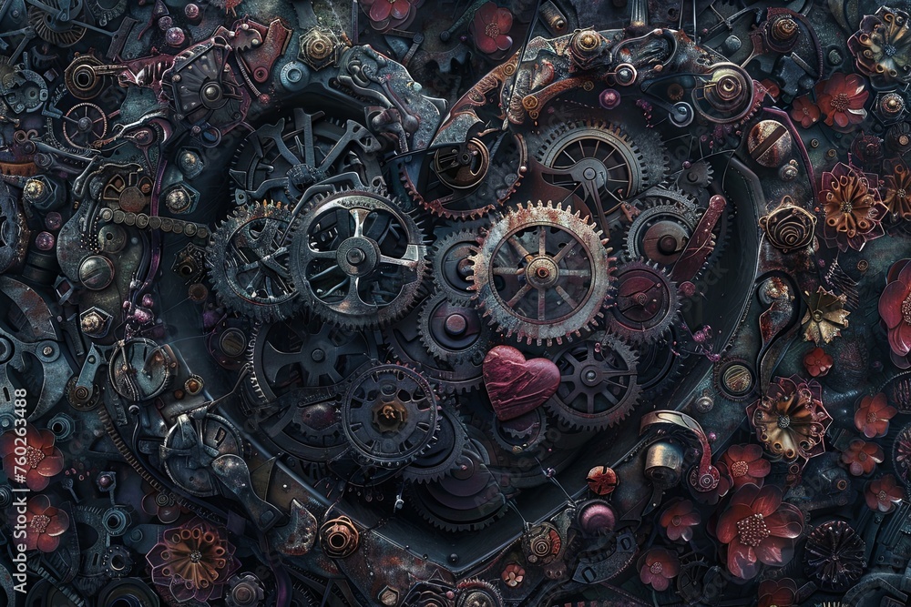 Poster a close-up view of gears and cogs intricately intertwined to form the shape of a heart. generative a
