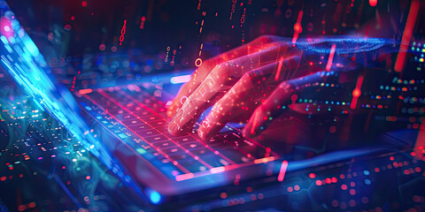 Fototapeta premium hands of IT professional typing on the keyboard with Abstract futuristic cyberspace with binary code design, big data connection technology concept 