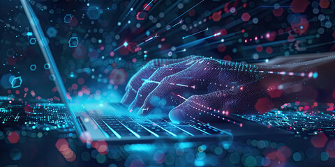 hands of IT professional typing on the keyboard with Abstract futuristic cyberspace with binary code design, big data connection technology concept	