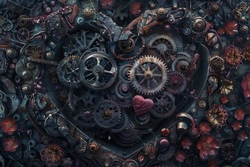 A close-up view of gears and cogs intricately intertwined to form the shape of a heart. Generative AI