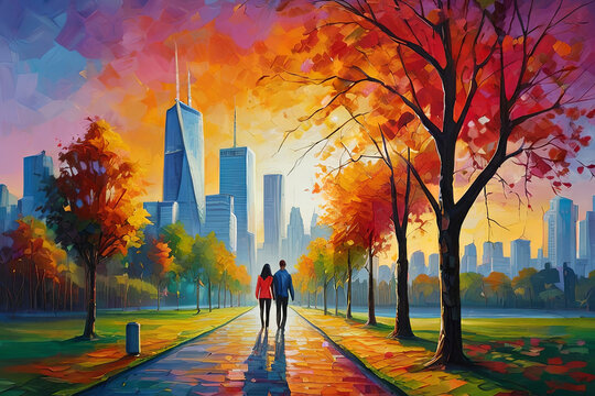 Bright and colorful cityscape view from city park. Couple walking, holding hands. Urban romance captured.