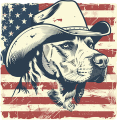 A vintage, retro distressed American flag badge design with a dog head, showcasing a cowboy silhouette against a clear outline on a white background, presented as a vector illustration.