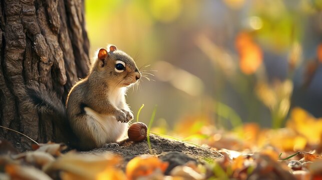 A tiny baby squirrel sitting against a tree trunk, nibbling on an acorn
