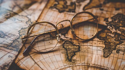 A vintage pair of glasses resting on an old map, evoking a sense of nostalgia