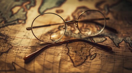 A vintage pair of glasses resting on an old map, evoking a sense of nostalgia - Powered by Adobe