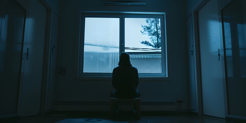 Pessoa ansiosa sentada sozinha em um quarto escuro - obrazy, fototapety, plakaty