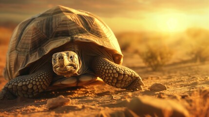 A wise old tortoise slowly making its way across a sun-baked desert landscape - obrazy, fototapety, plakaty