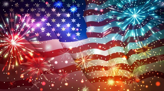 Celebratory fireworks bursting over American flag, Independence Day background illustration