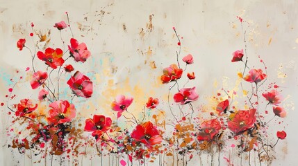 Contemporary abstract floral painting, golden grain texture, modern impressionist oil on canvas - obrazy, fototapety, plakaty
