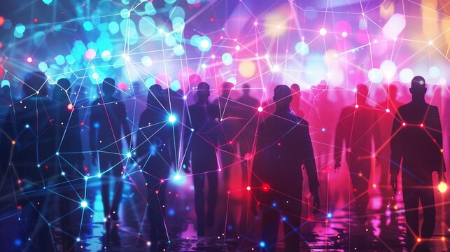 Crowd of silhouettes with bright colorful network connections, digital painting illustration