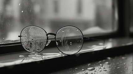 Glasses covered in raindrops, left on a windowsill after a sudden downpour
