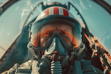 A pilot, is seen looking outside while wearing a helmet and goggles inside a fighter jet. Generative AI