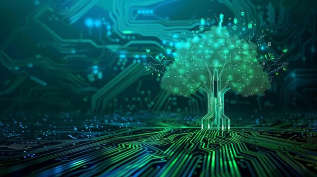 Eco-friendly computer circuit board, wireframe tree growth, blue light background, green IT concept illustration