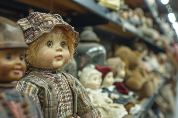 A selection of retro dolls and stuffed animals arranged in a whimsical display.