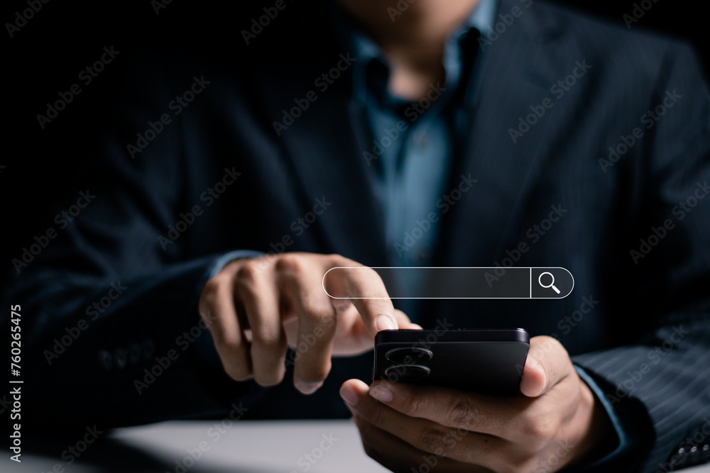 Poster seo, search engine optimization, data search technology concept. businessman use smartphone with sea