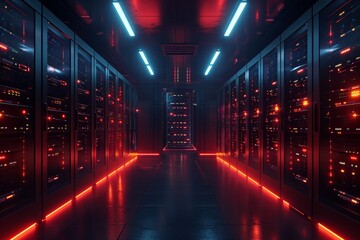 dark servers data center room with computers. - obrazy, fototapety, plakaty