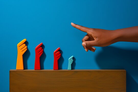 A symbolic image of a hand choosing one unique figure from a group, emphasizing the selection and recognition of leadership