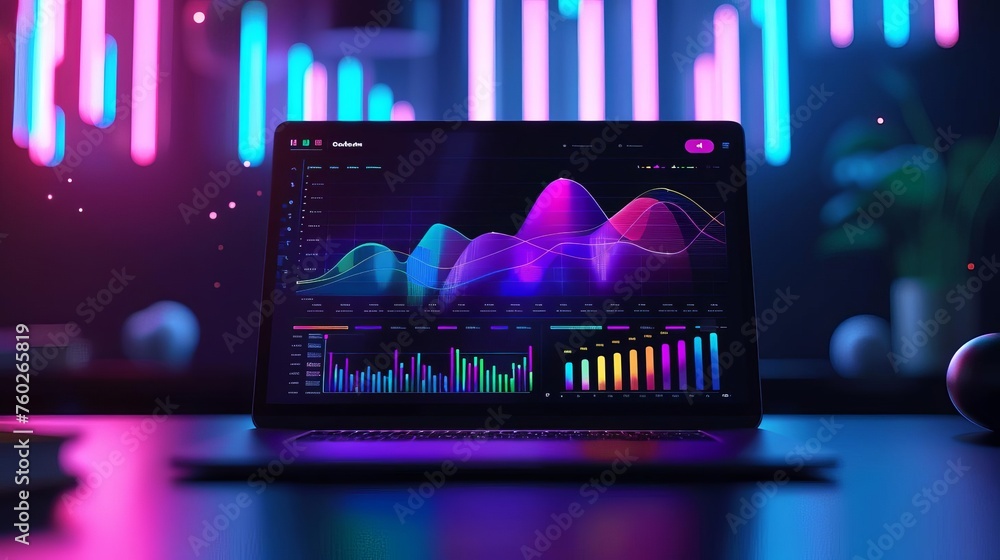Aufkleber high-tech laptop displaying colorful data visualizations and infographics on a dark background, digi