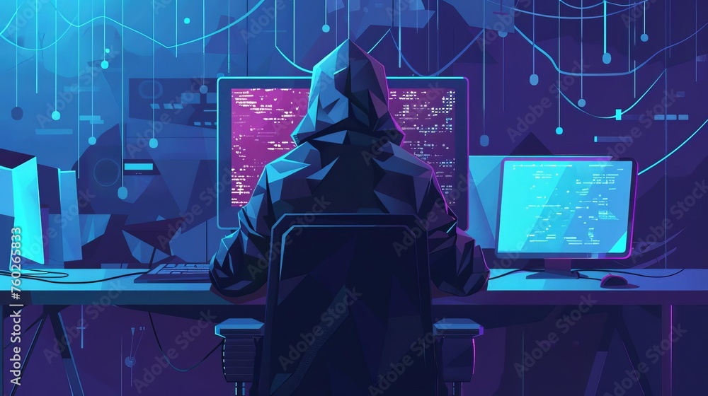 Poster hooded hacker committing digital cybercrime in front of computer, conceptual illustration