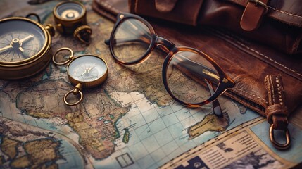 Fototapeta na wymiar Glasses placed next to a map and compass, ready for an adventure