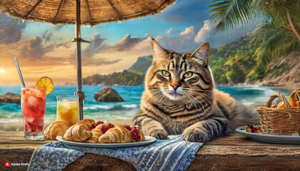 Summer beaches, cats dozing off under parasols, picnic food, drinks