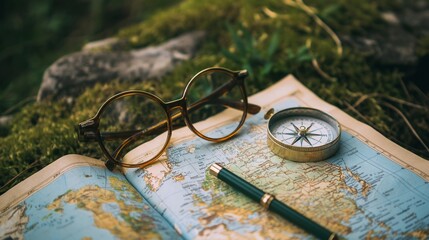 Glasses placed next to a map and compass, ready for an adventure