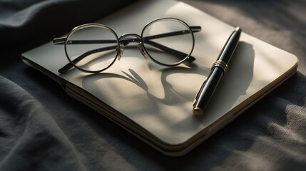 Glasses placed next to a pen and notepad, hinting at creative endeavors
