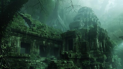 Mysterious Ancient Ruins in a Misty Jungle, Atmospheric Archaeological Discovery Concept Art