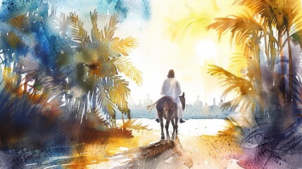 Serene Jesus riding donkey, bright watercolor Palm Sunday illustration, peaceful religious concept art - obrazy, fototapety, plakaty