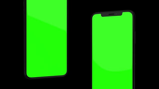 HD animation of moving smartphone mockups..Green background for chroma key on the smartphone screen. used for commercials and app presentations