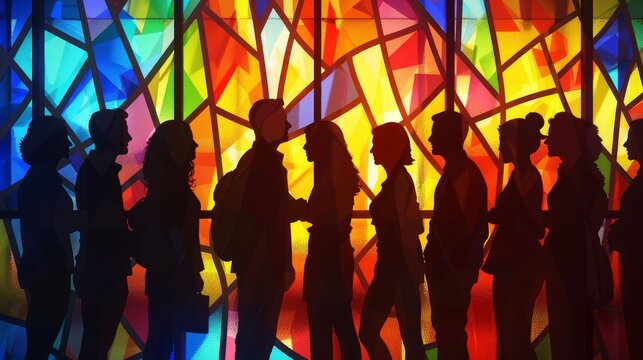 Silhouettes of diverse people meeting, colorful stained glass window background illustration