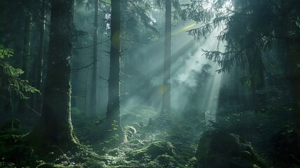 Atmospheric forest scenes with mist and sunlight filtering through trees