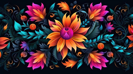Fototapeta na wymiar Traditional Mexican Floral Ornament on Dark Background