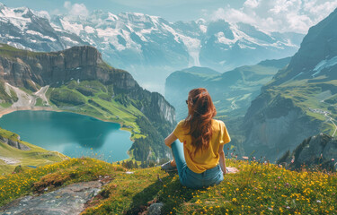 Naklejka na ściany i meble A girl sits on the edge of an alpine mountain and looks at the beautiful landscape with lakes, mountains and green meadows