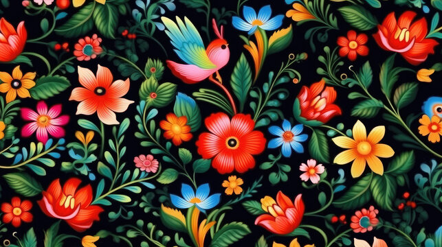 Traditional Mexican Floral Ornament on Dark Background