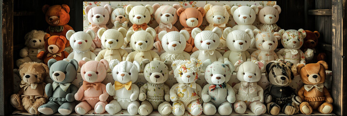 Fototapeta premium A charming scene featuring retro teddy bears and plush toys arranged in a cozy setting, evoking feelings of comfort and childhood nostalgia.