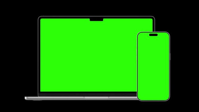 HD animation of moving smartphone and laptop mockups..Green background for chroma key on the smartphone screen. used for commercials and app presentations