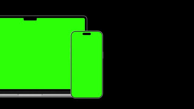 HD animation of moving smartphone and laptop mockups..Green background for chroma key on the smartphone screen. used for commercials and app presentations