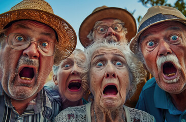 photo of group of old people looking shocked and surprised, mouths open, funny expressions, outdoors