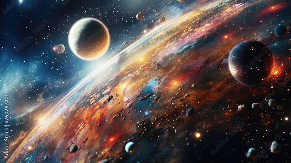 Canvas Prints galaxies adorned with bright stars and orbiting planets