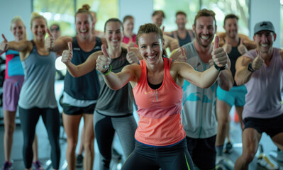 Fototapeta na wymiar A group of people in sportswear giving thumbs up and smiling at the camera while standing together inside a modern gym