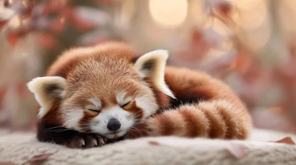 Foto op Plexiglas A sweet baby red panda with a fluffy tail curled around it © Image Studio
