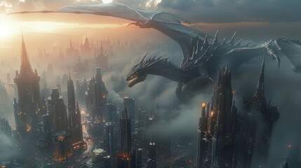 A cybernetic dragon perched atop a futuristic skyline, guardian of the metropolis