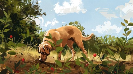 A dog playfully digging in a field, unearthing hidden fruits