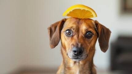 A dog with a fruit peel on its head, looking confused